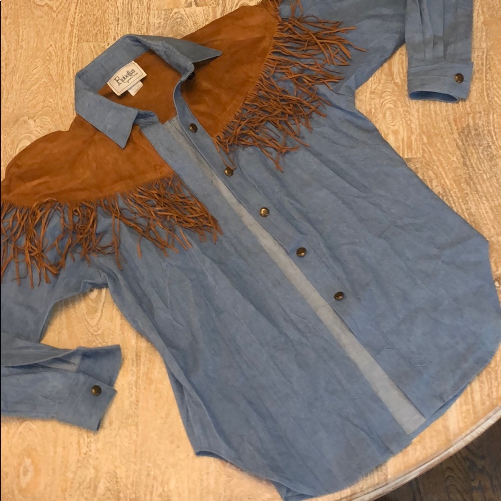 Vintage western fringe blue jean denim top small